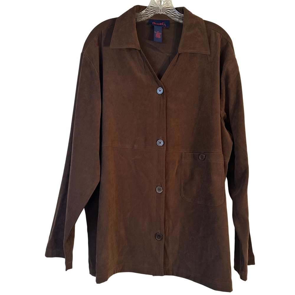 Denim & Co Womens 1X Brown Faux Suede Button Front Shirt Jacket Long Sleeve Boho